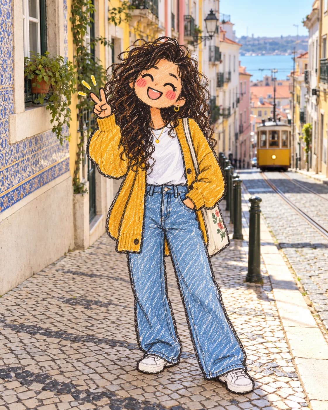 A real street photo where the people are redrawn as hand-drawn doodle characters