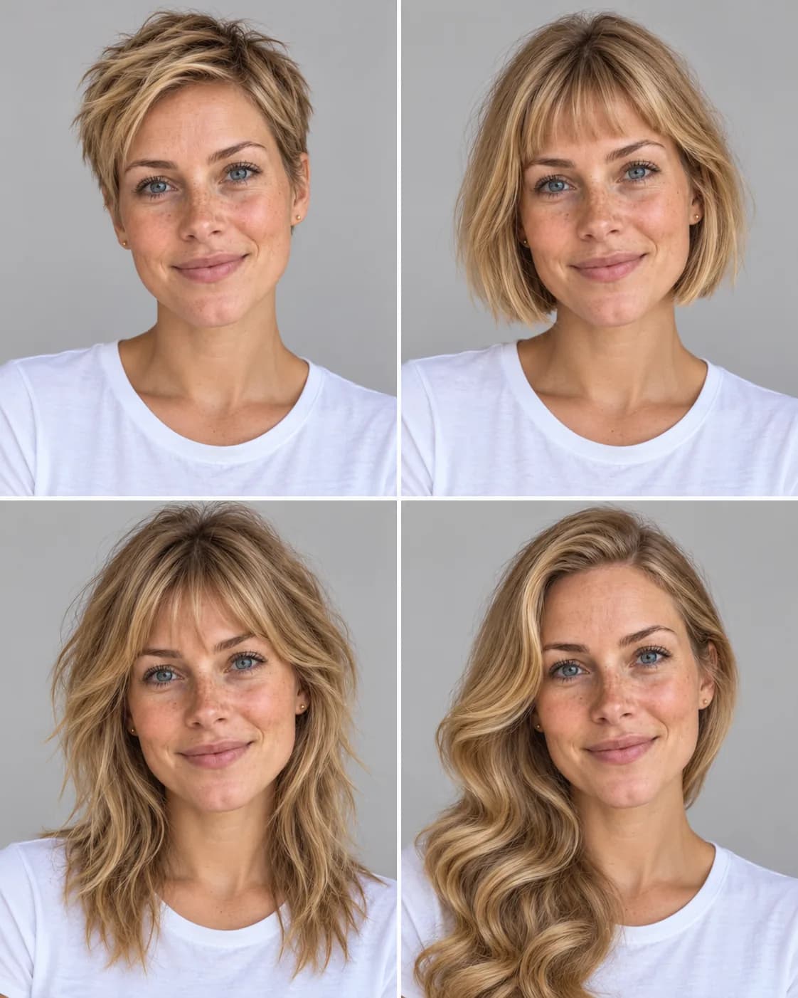One portrait shown in a four-panel grid with four different hairstyles